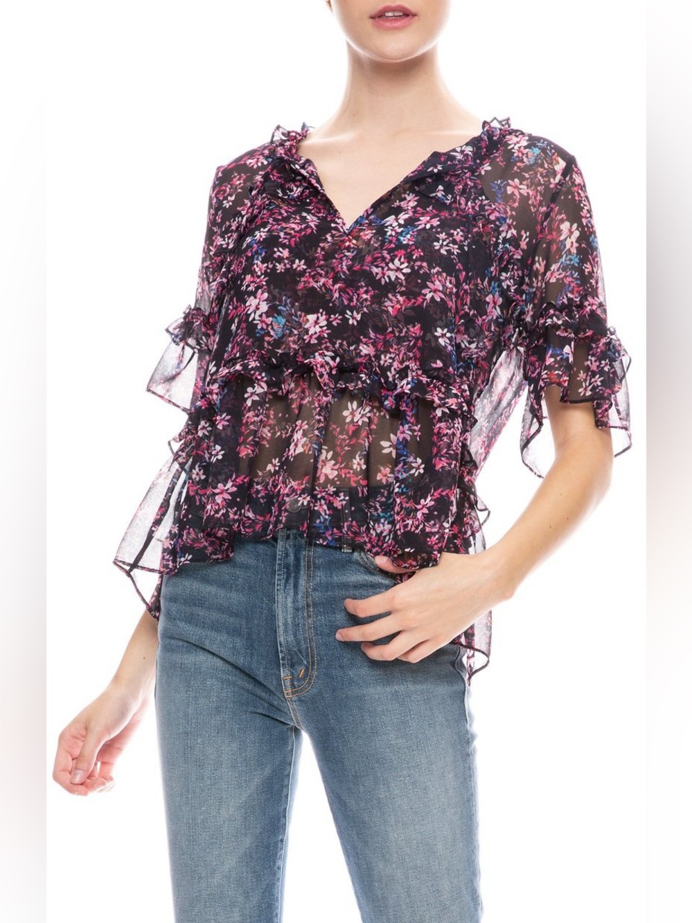Misa Abigail Top Navy Blue Pink Floral Print Short Ruffle Sleeves size M